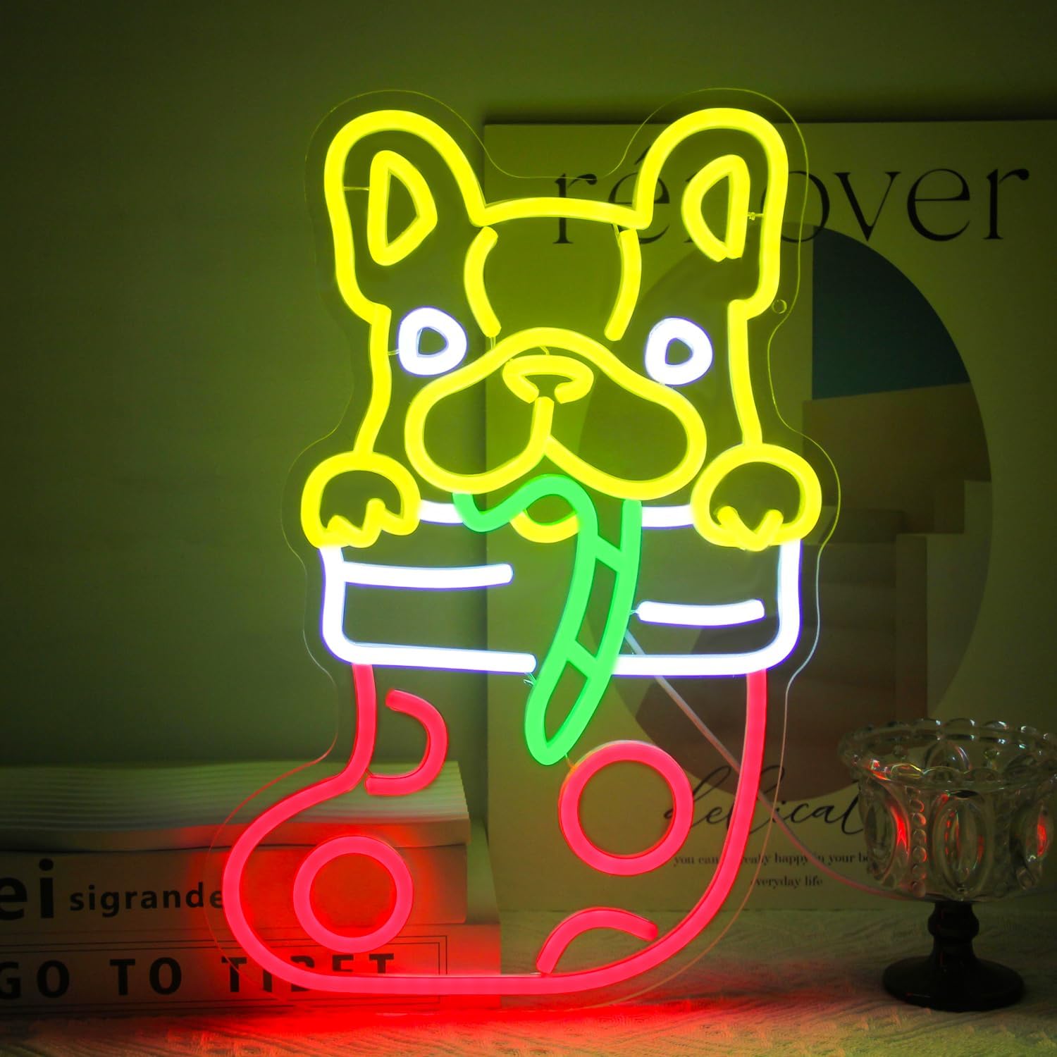 Lighting Christmas Decor - Französische Bulldogge Weihnachtsstrumpf Neon-Schild LED-Neonlicht USB-betriebene